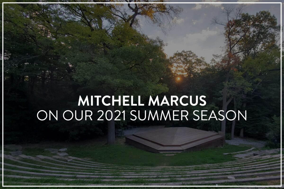 An image of long winding stone step/seats curved in a forest clearing, centering a large wooden square stage, surrounded by trees. There's small fluffy clouds and a sunset. White text overlaid reads, "MITCHELL MARCUS on our 2021 Summer Season"