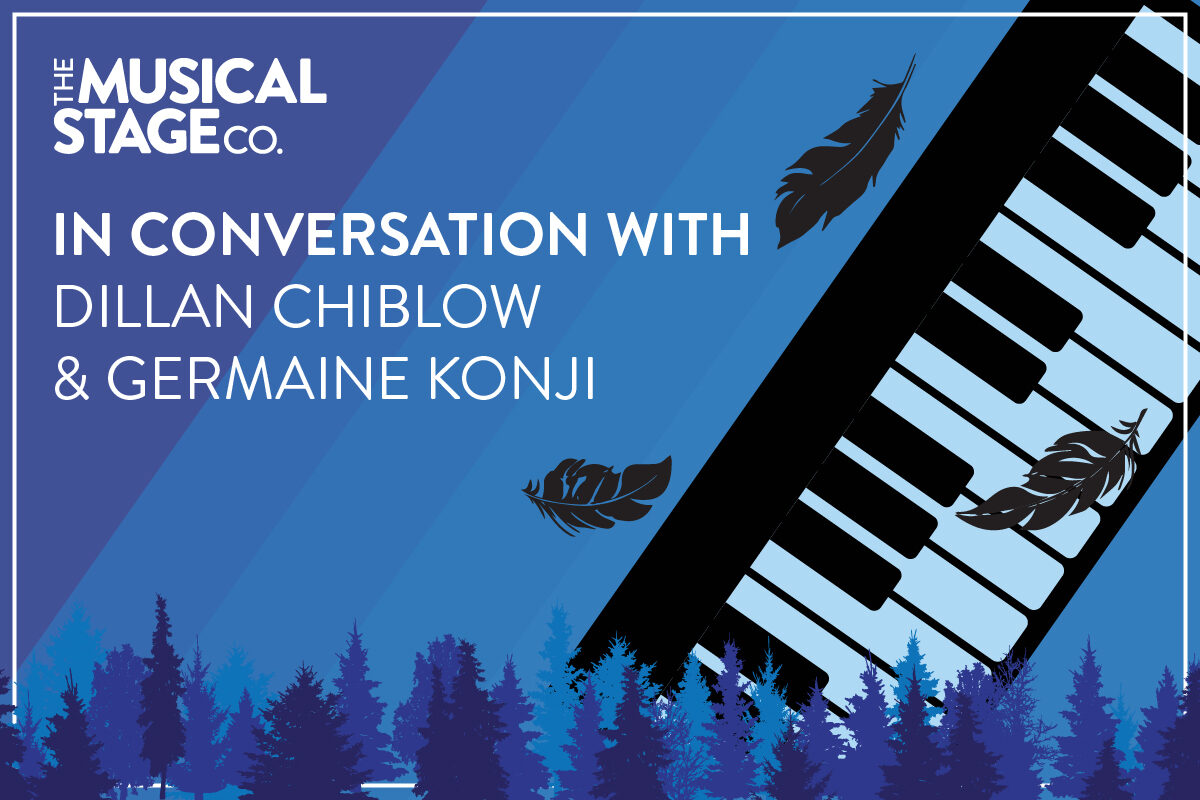 Graphic of a keyboard silhouette and a few falling feathers around it, with a blue background. Text to the left reads, "In conversation with / Dillan Chiblow & Germaine Konji." Rows of varying blue trees run along the bottom of the design.