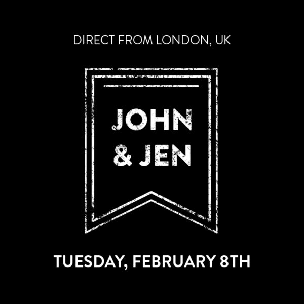 Black background with a centered white textured stamp of a guidon flag with bold text in the middle reads, “JOHN & JEN.” Text framing the stamp reads, 
