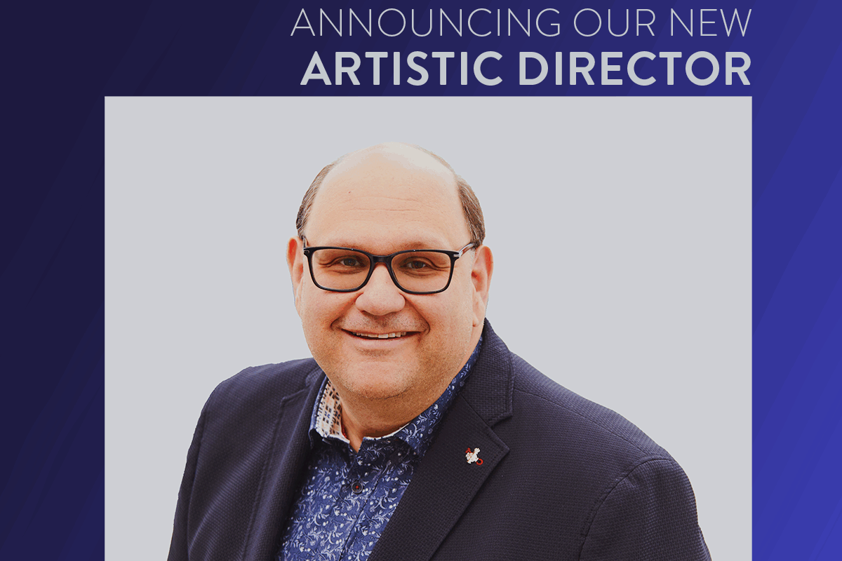 Graphic with text that reads, "announcing our new artistic director Michael Rubinoff" with Michael's headshot in the middle, The Musical Stage Company logo in the top left corner, and a gradient blue background. Michael wears glasses, a suit jacket and blue patterned collared shirt.